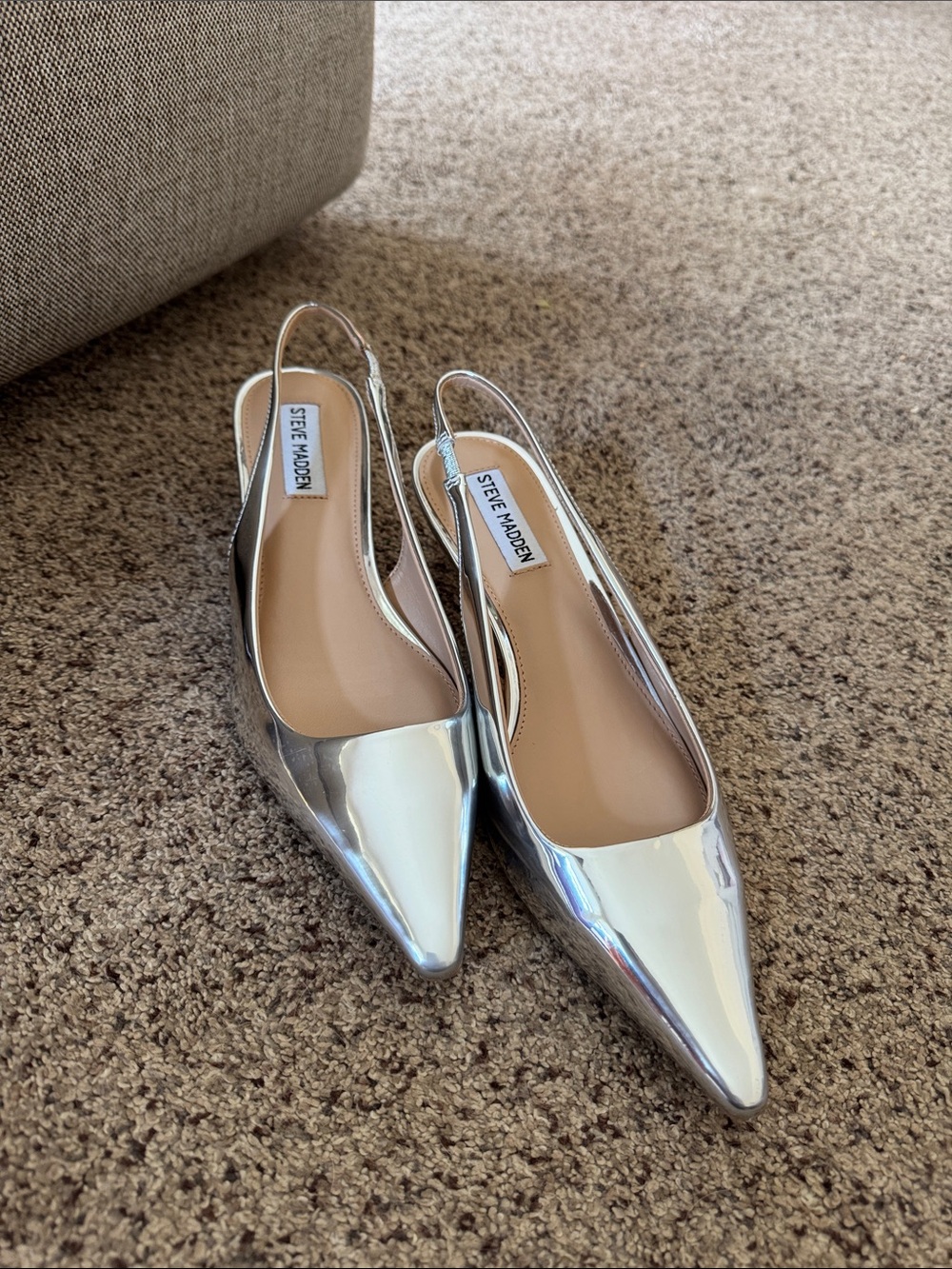 Steve Madden Metallic Silver Pointed Slingback Kitten Heals